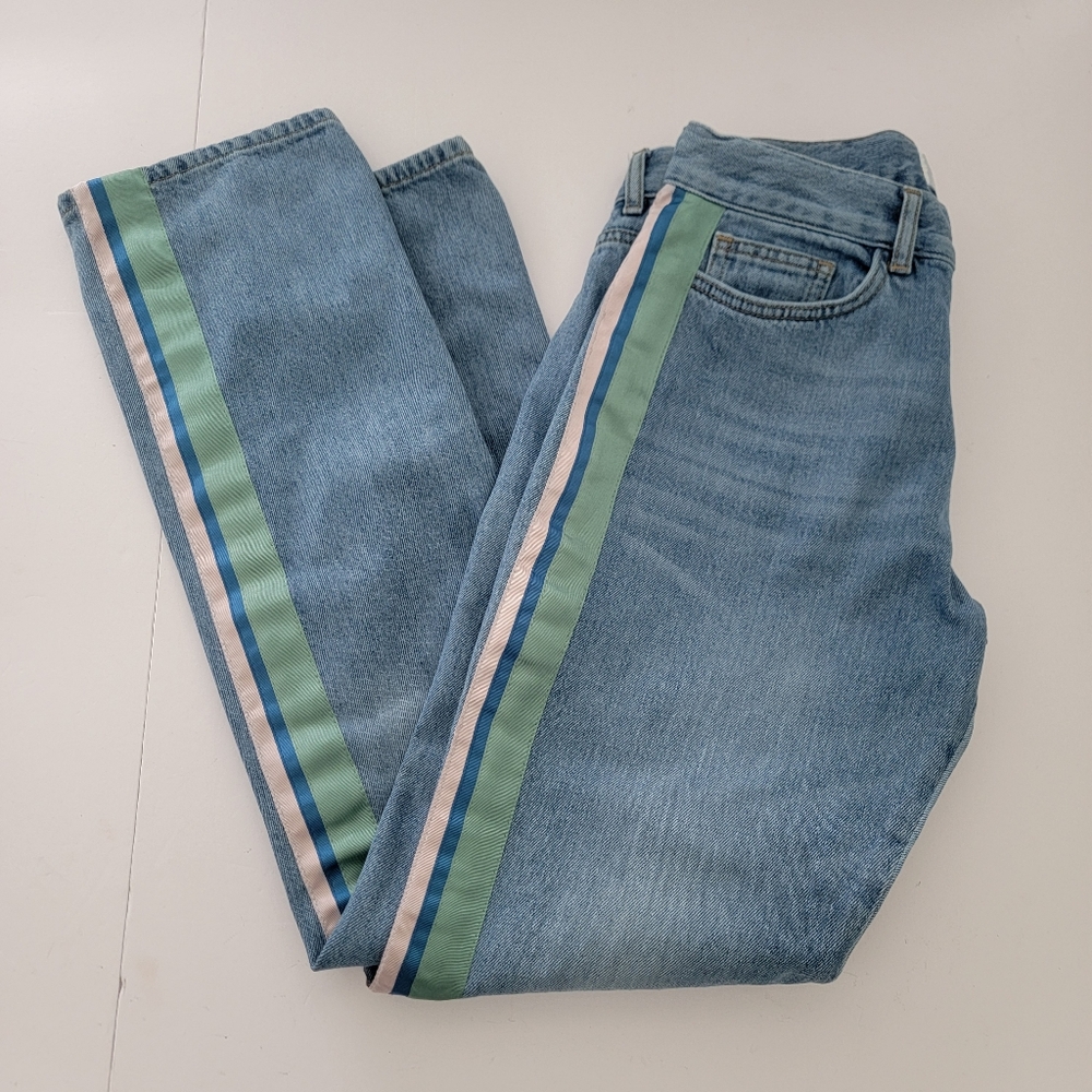 Victoria Beckham Blue Jeans with Green and White Stripes